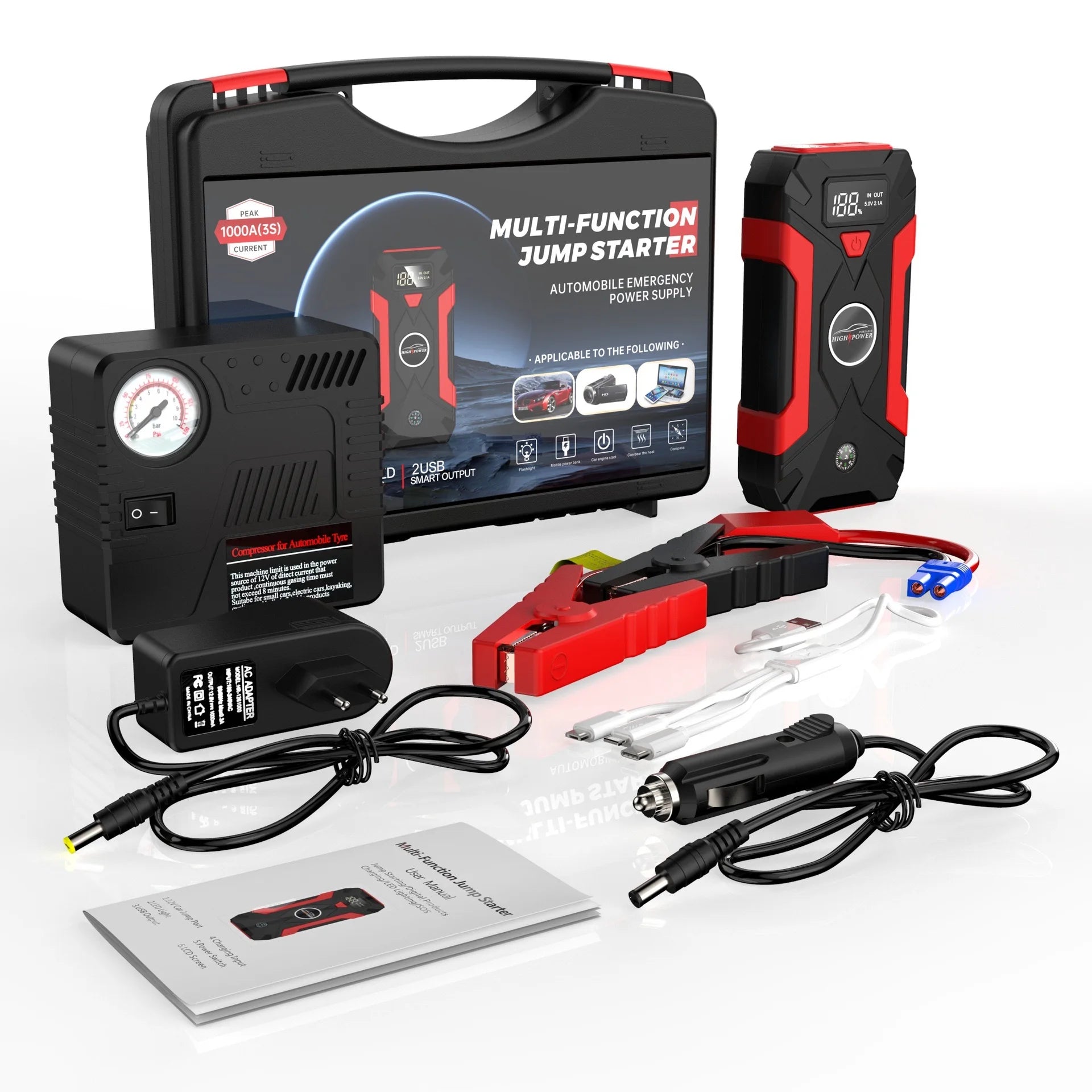 Jumper de Batería y Compresor Multifuncional – Power Bank